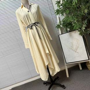 0924-33台湾品牌设计款时尚轻奢高级感连衣裙不规则裙摆衬衫式裙