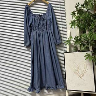 系带连衣裙牛仔显瘦休闲 荷叶边收腰中长款 0321 56法国单方领长袖