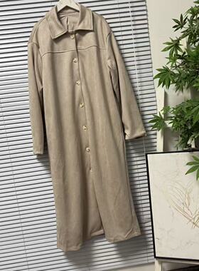 0105-36欧美松弛感纽扣开衫大衣外套女长款高级感麂皮绒风衣外套