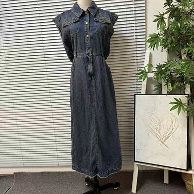 0130-28法国单复古牛仔连衣裙女无袖收腰显瘦中长款蓝色裙子