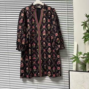 0304-21意大利品牌复古印花连衣裙长袖V领时尚气质中长款显瘦裙子