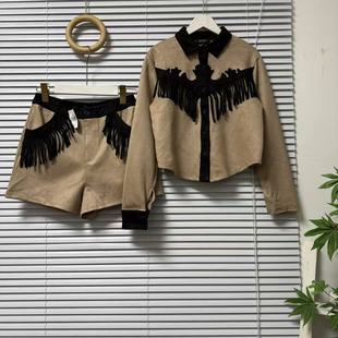 两件套 女复古慵懒风短外套短裤 1229 55费尔岛风麂皮绒流苏衬衫