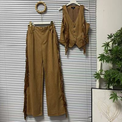 1231-12潮版高货设计风高腰阔麂皮绒流苏洋气两件套长裤+马甲套装