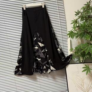 0121-42台湾品牌复古风印花拼接半身裙设计显瘦百搭小众女装