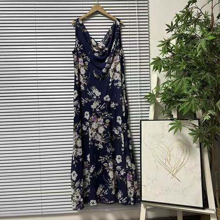 1222-53法式印花无袖连衣裙收腰荷叶边长裙气质优雅深蓝色碎花裙