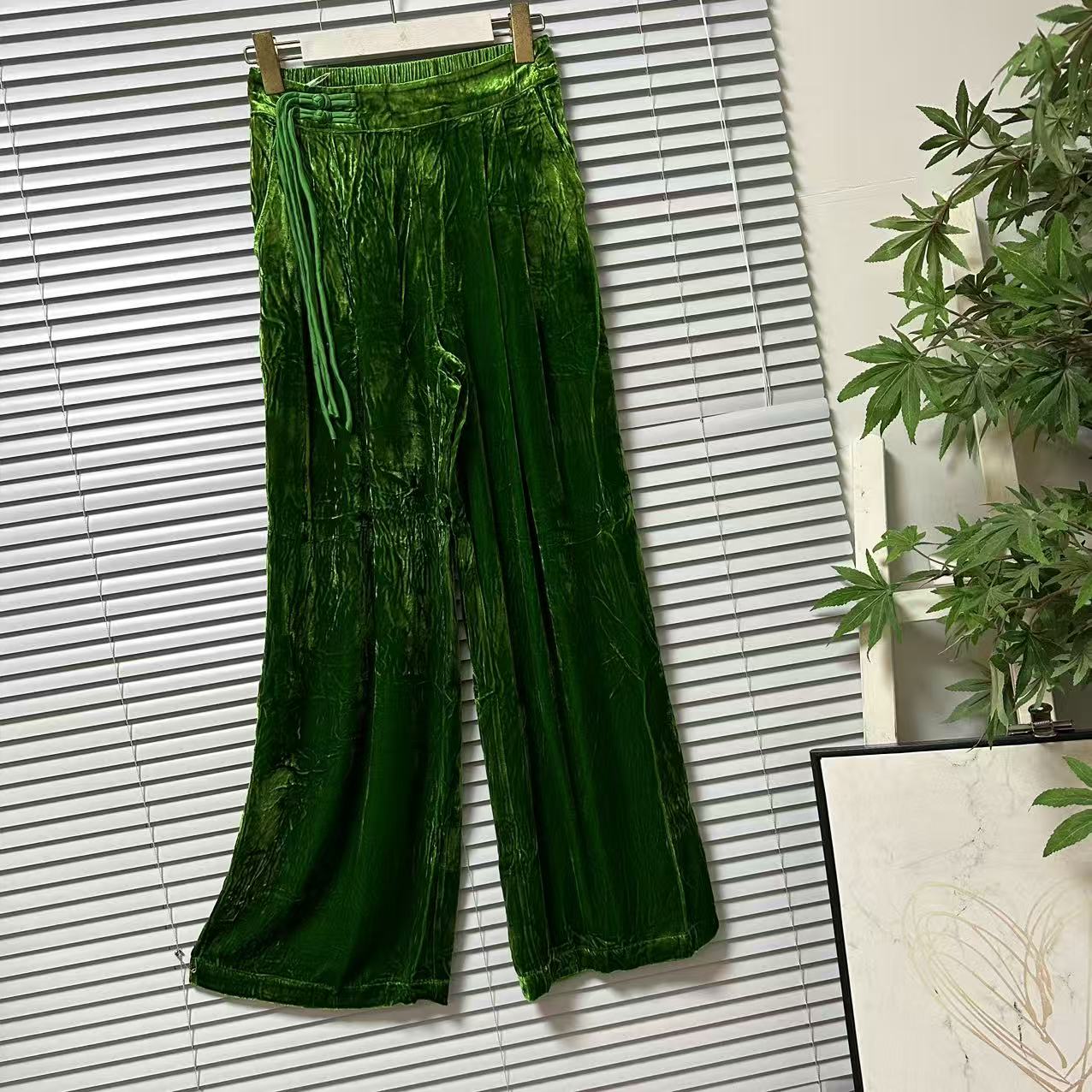 1208-25南油高货含20%真丝高腰松紧腰丝绒阔腿裤宽松显瘦垂感长裤