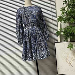 1229-10南油法系复古纯棉印花连衣裙长袖收腰气质短裙设计感裙子