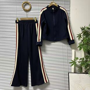 0305-53复古运动风撞色条纹两件套女宽松休闲运动两件套装新款