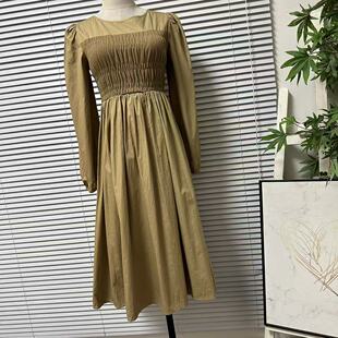 连衣裙褶皱设计圆领日常显瘦 休闲收腰中长款 0321 6原创设计长袖