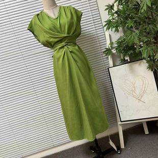 0925 轻奢天丝亚麻V领连衣裙绑带扭结收腰长裙 1法系高级感时尚