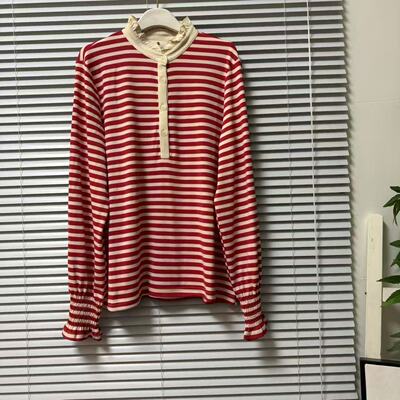 0807-25法系慵懒风条纹针织衫女长袖宽松半开襟亨利领罩衫红色