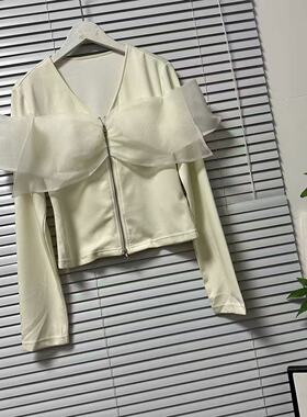 1027-20法式复古V领设计款网纱蝴蝶结拉链衫洋气天丝混纺短款外套