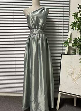 0305-13法国品牌气质斜肩连衣裙女收腰长裙显瘦度假风裙子