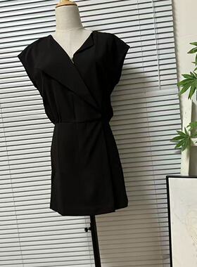 1117-48专柜品牌高货通勤简约风黑色V领无袖连衣裤气质优雅连体裤