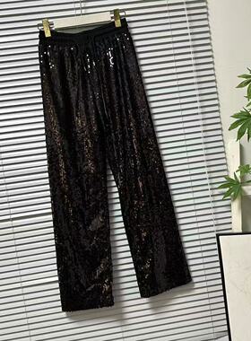 1224-13品牌单修身款松紧腰亮片直筒裤女黑色垂感百搭休闲裤