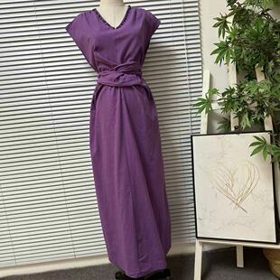 0314 高级感V领棉麻感高级女人味连衣裙收腰绑带长裙轻奢风 7法式