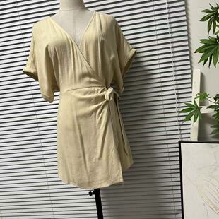 V领慵懒风轻松优雅 休闲短袖 0323 52法国单棉麻简约系带收腰连衣裤