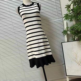 1030 羊毛针织连衣裙气质优雅鱼尾裙 23大牌高货黑白撞色条纹无袖