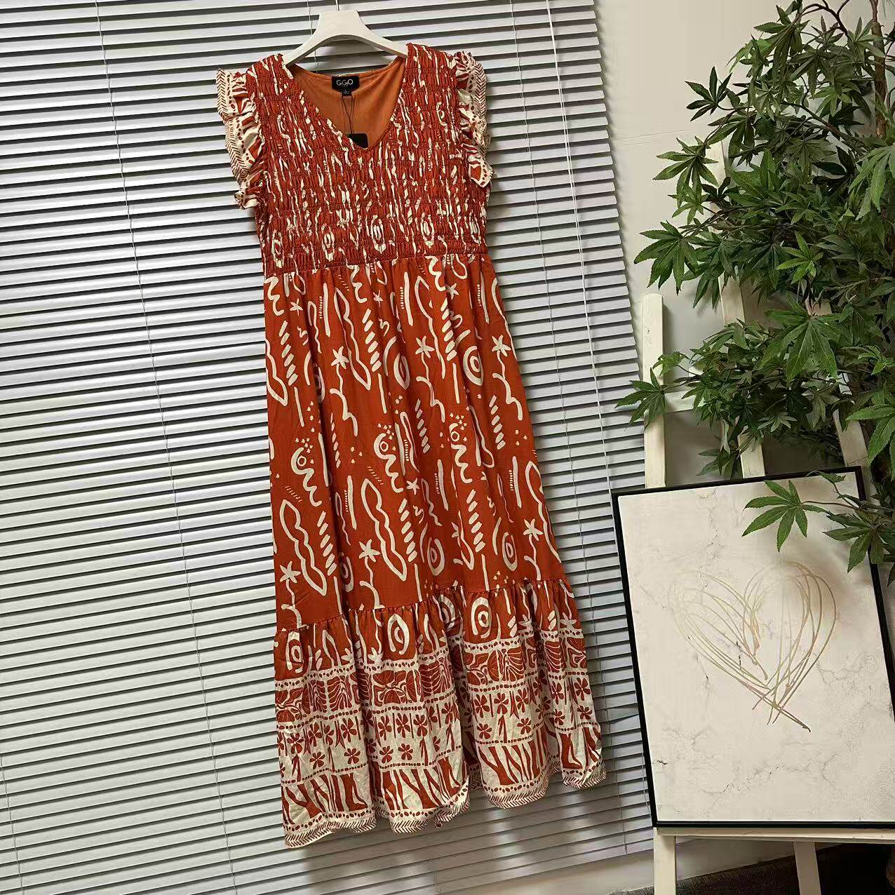 1219-20欧美单度假风印花连衣裙女V领收腰大摆中长裙橘色沙滩裙