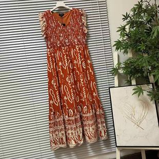 1219 20欧美单度假风印花连衣裙女V领收腰大摆中长裙橘色沙滩裙
