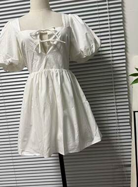 0718-10欧美单F家甜美风白色方领连衣裙女泡泡袖系带收腰短裙夏季