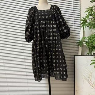 0123-22外单高货方领泡泡袖金线刺绣花连衣裙黑色宽松款减龄裙