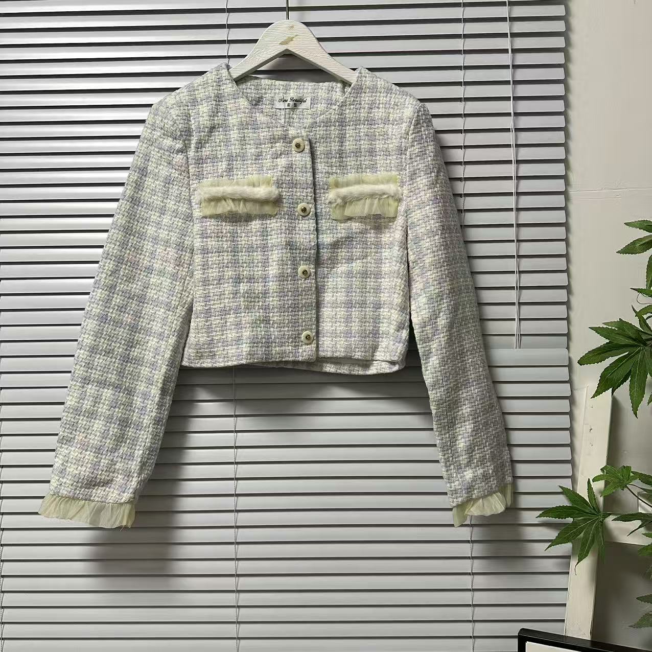 1121-42小香风粗花呢短外套女秋装千金风高级感纽扣装饰上衣