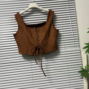 百搭显瘦气质背心 复古方领绑带背心上衣辣妹风短款 1203 53法式