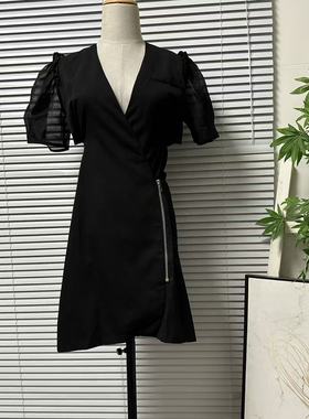 1201-22黑色V领泡泡袖连衣裙女收腰显瘦小个子高级姐感系穿搭