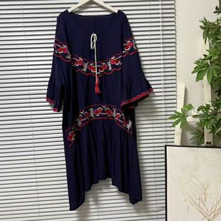 喇叭袖 圆领刺绣宽松型五分袖 文艺 4法国单民族风连衣裙女装 0325