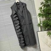 风不对称荷叶边马甲连衣裙格纹中长款 1208 40台湾品牌西装 显瘦