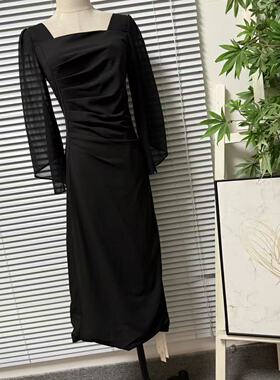 0622-9深圳法式优雅气质方领连衣裙女黑色修身包臀中长款高级感