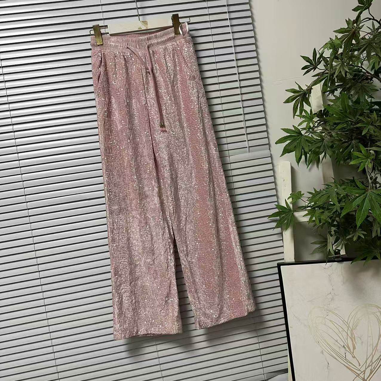 1023-19外贸大牌软糯风高腰松紧腰亮片丝绒阔腿裤百搭垂感休闲裤