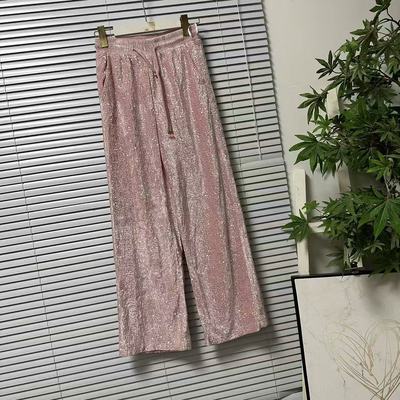 1023-19外贸大牌软糯风高腰松紧腰亮片丝绒阔腿裤百搭垂感休闲裤