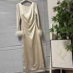 0530-19美国单高腰羽毛袖口连衣裙女修身包臀长裙时尚晚宴风米色