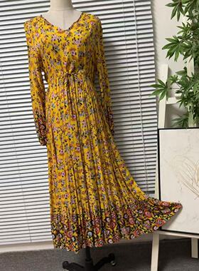 0606-49法系复古风黄色碎花连衣裙女长袖V领收腰显瘦气质长裙文艺