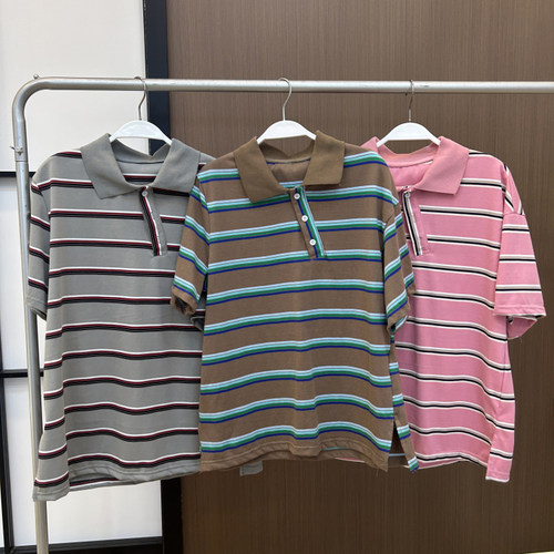 MONA 条纹宽松 polo短袖t恤上衣女小个子 2025夏季新款