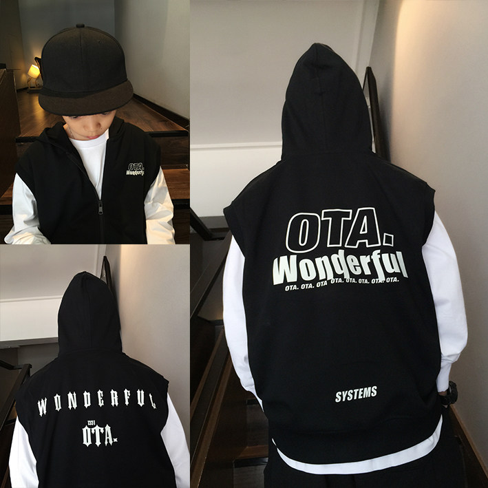 中大童运动马甲春秋外套儿童嘻哈街舞连帽卫衣青少年男童帽衫开衫