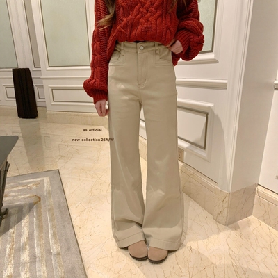 韩系加绒直筒微喇牛仔裤女喇叭裤高腰加厚浅卡色显瘦拖地裤50236