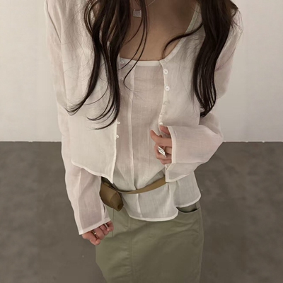 IU ROOM 韩系浅色系苎麻微透开衫吊带背心两件套套装防晒上衣1132