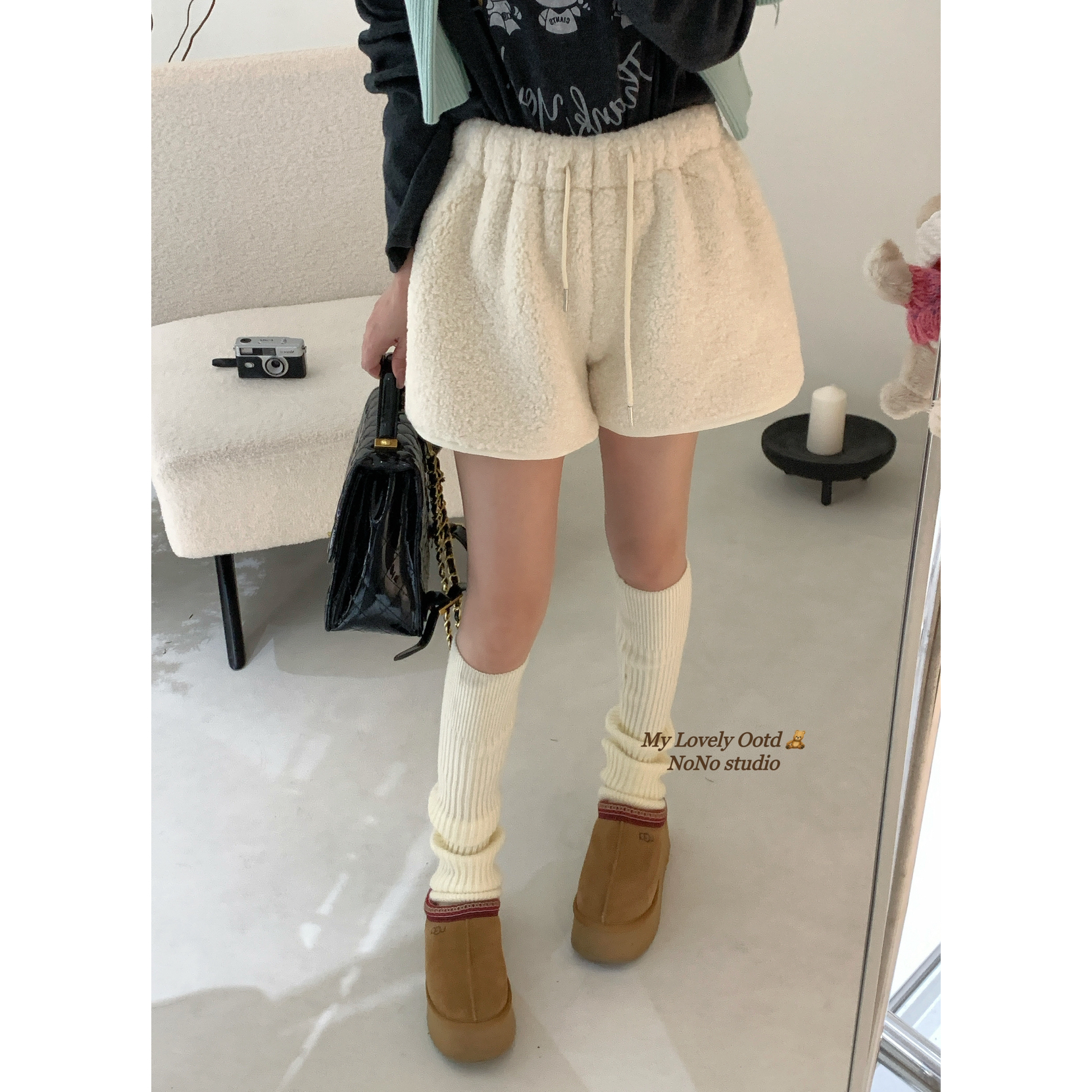 NONO 加厚羊羔毛短裤女高腰显瘦阔腿冬季新款搭配靴子裤子 9587