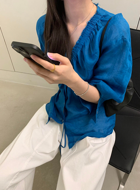 RS.WHMT】复古小众褶皱v领苎麻抽绳设计感长袖衬衫  B2556#  HJY