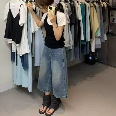 IU ROOM 韩系简约风百搭款水洗牛仔裤高腰显瘦复古显瘦7分裤3282