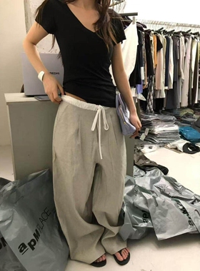 IU ROO 韩代MIU系裤腰拼接设计抽绳休闲直筒裤百搭拖地阔腿裤5690