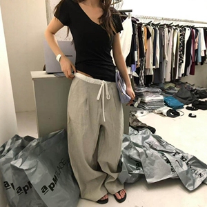 IU ROO 韩代MIU系裤腰拼接设计抽绳休闲直筒裤百搭拖地阔腿裤5690
