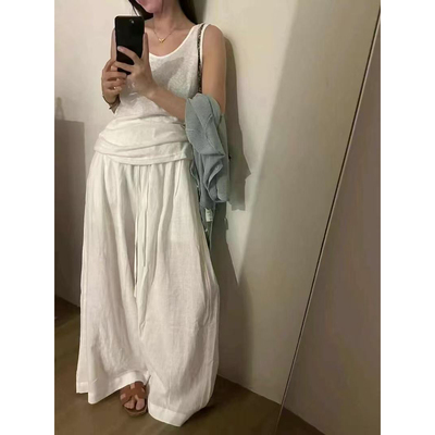 IU ROOM 韩国苎麻长裤夏新款松紧腰慵懒风高腰百搭亚麻阔腿裤1969