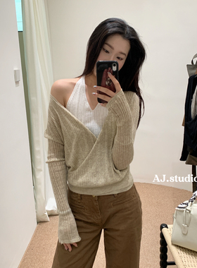 AJ.STUDIO-26年早春v领假两件挂脖设计感长袖针织衫bk13