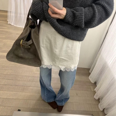 IU ROOM 韩系秋冬季氛围感蕾丝花边中长吊带背心叠穿连衣裙3855