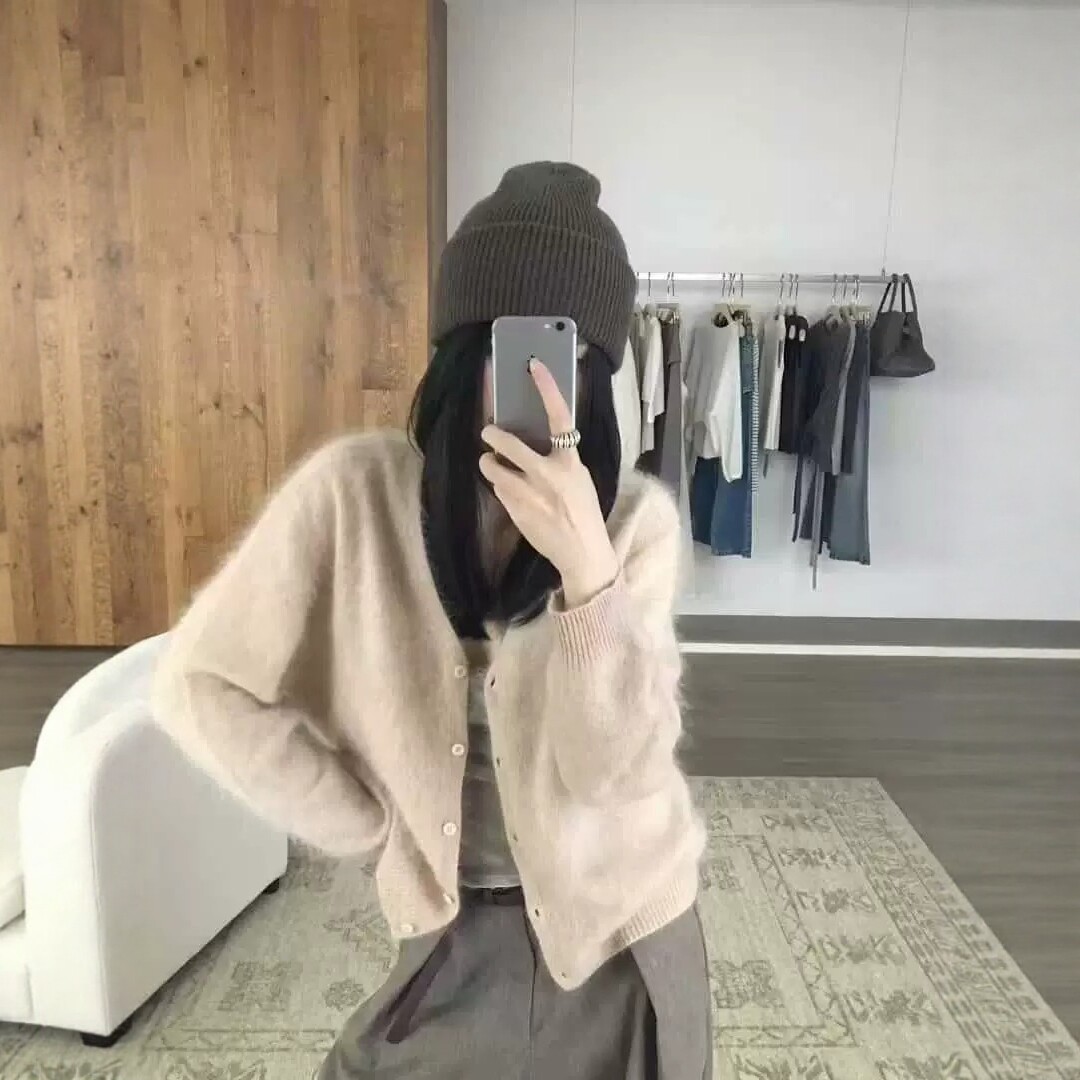 IU ROOM 正品 韩系慵懒风宽松V领兔毛开衫软糯保暖显瘦毛衣1702