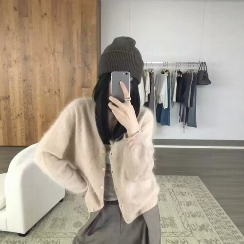 IU ROOM 正品 韩系慵懒风宽松V领兔毛开衫软糯保暖显瘦毛衣1702